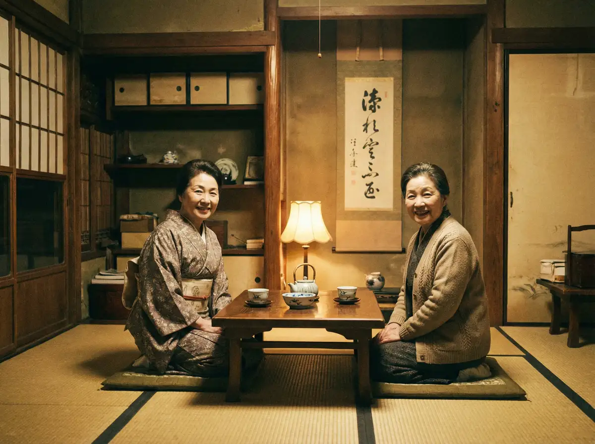 两位优雅的 小青茗 在日式茶室中品茶交谈